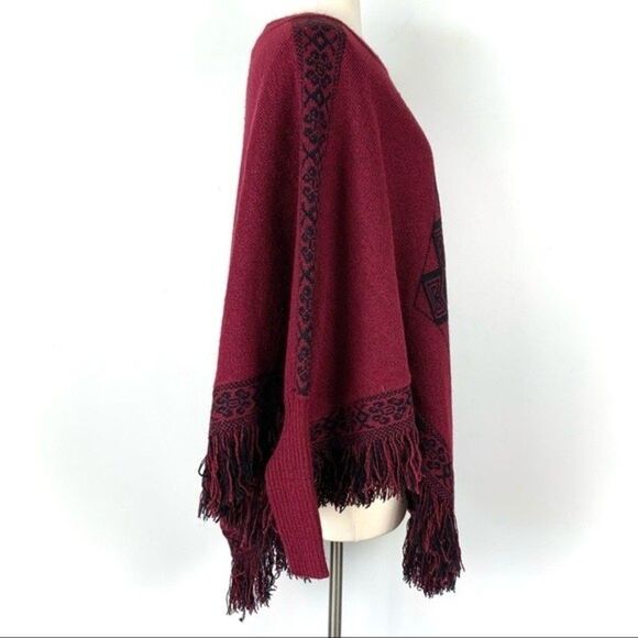 Twiggy London Art to Wear Thick Knit Boho Aztec Pattern Fringe Poncho Sweater - Picture 4 of 7